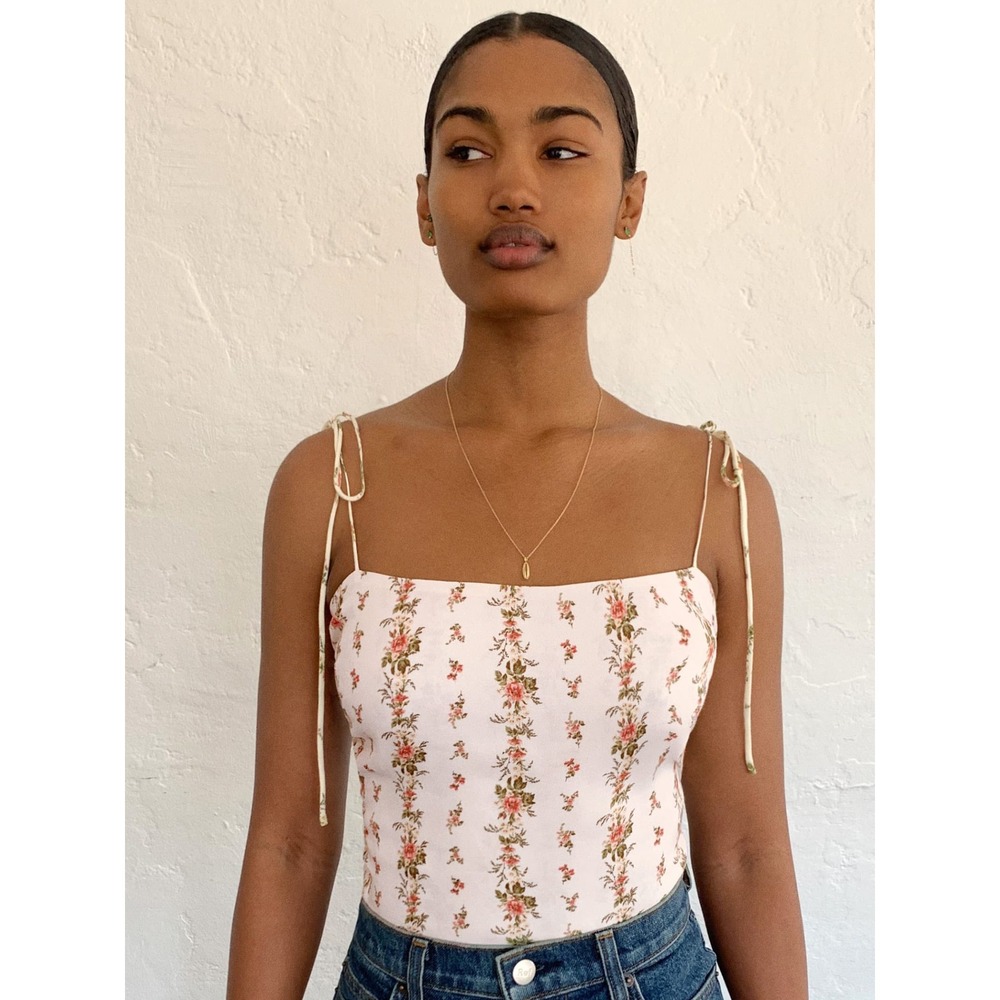 Reformation Loop Tank Top Women Est XS Cream Floral Tie Strap Smocked Zipper
